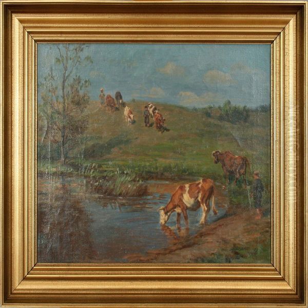 Scenery With Cows And Boys. Signed G. Rode - view 1