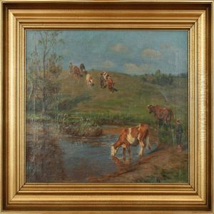 Scenery With Cows And Boys. Signed G. Rode Scenery With Cows And Boys. Signed G. Rode