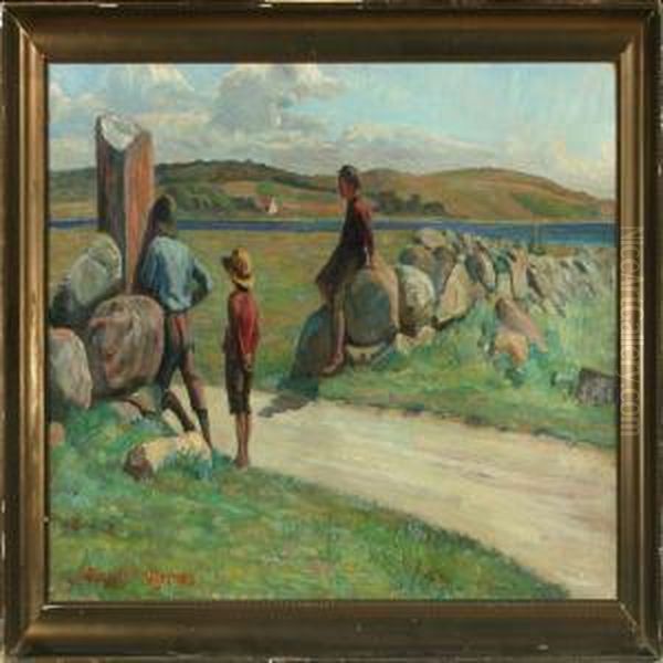Summer Scenery From Agernaes With Boys At A Stone Wall - view 1