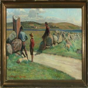 Summer Scenery From Agernaes With Boys At A Stone Wall by Ingeborg M. Rode