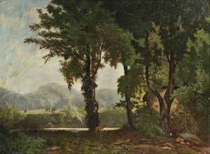 Biche Et Chevaux Dans Un Paysage by Georges Rodrigues-Henriquez