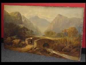 Mountain River Landscape With Figure Before A Stone Bridge