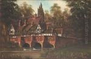 Timbered Inn On A Bridge, River And Swans In The Foreground by Frederick Rushing Roe