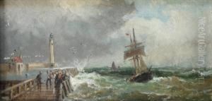 Fishing Boat Off A Pier In Rough Seas