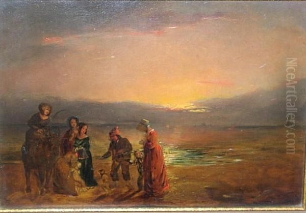 A Figure Group On A Beach At Sunset - view 1