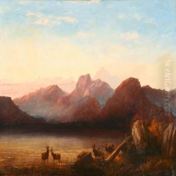 Mountainous Landscape With Deer At The Waters Edge - view 1