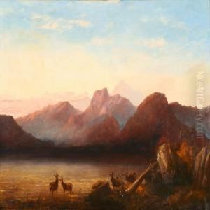 Mountainous Landscape With Deer At The Waters Edge by Robert Henry Roe
