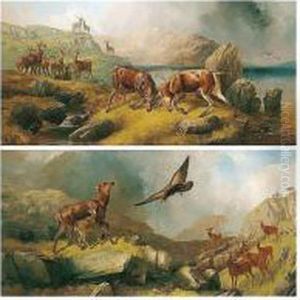 Stags Rutting; Deer In The Highlands by Robert Henry Roe