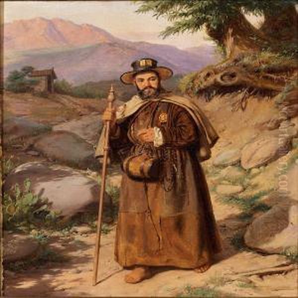 An Italian Monk Hiking In The Mountains - view 1