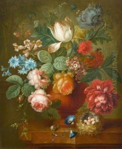 Tulips, Roses, Convolvulus And Other Flowersin A Terracotta Vase With A Bird's Nest On A Marble Ledge