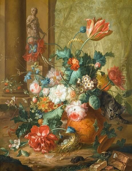 Tulips, Roses And Other Flowers In A Classical Urn Overturned By A Cat Chasing A Mouse With A Statue Of Flora Beyond - view 1