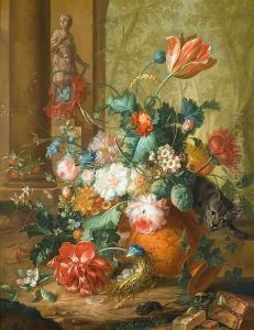 Tulips, Roses And Other Flowers In A Classical Urn Overturned By A Cat Chasing A Mouse With A Statue Of Flora Beyond by Johan Christiaan Roedig