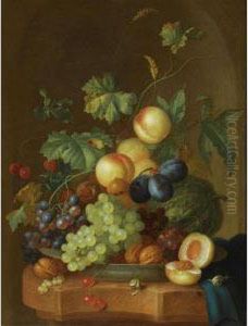 A Still Life With Peaches, Grapes, Plums, A Melon, Cherries, Walnuts, Chestnuts On A Wan-li Porcelain Plate, Together With Two Snails On A Marble Ledge, Draped With A Blue Cloth by Johan Christiaan Roedig