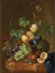 Other Properties
 

 
 
 

 
 A Still Life With Peaches, Grapes, Plums, A Melon, Cherries, Wallnuts, Chestnuts On A Wan-li Porcelain Plate, Together With Two Snails On A Marble Ledge, Draped With A Bl by Johan Christiaan Roedig