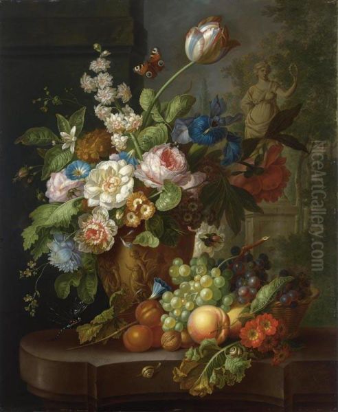 A Still Life With Pink Roses, Small Morning Glory, Irisses, A Hyacinth, A Poppy Anemone, Auricula, A Tulip And Other Flowers In A Vase Sculpted With Classical Figures, Together With Grapes, Peaches, Apricots And Wallnuts, All On A Stone Ledge With A Drago - view 1