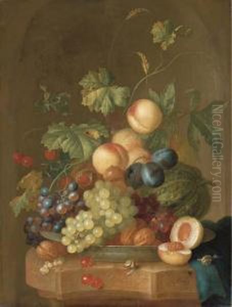 Grapes, Cherries, Plums, Peaches, Walnuts And A Melon In Aporcelain Bowl On A Partly-draped Ledge With A Halved Peach And Twosnails - view 1