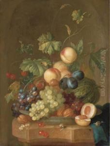 Grapes, Cherries, Plums, Peaches, Walnuts And A Melon In Aporcelain Bowl On A Partly-draped Ledge With A Halved Peach And Twosnails
