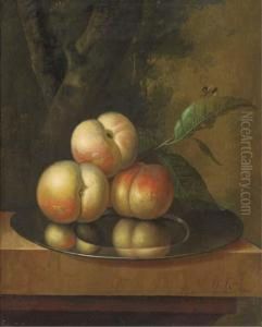 Peaches And A Bee On A Pewter Platter On A Marble Ledge, In A Wooded Landscape