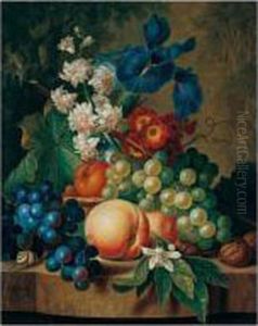 Still Life Of Grapes, Peaches, Walnuts, Irises, And Other Flowers On A Stone Ledge