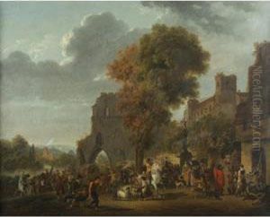 A Market Scene With A Passing Troop Of Soldiers