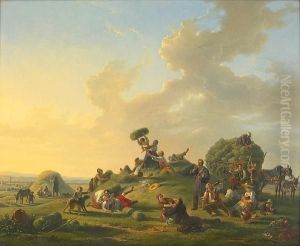 Numerous Figures Merry-making At Harvest Time by Jean Alphonse Roehn