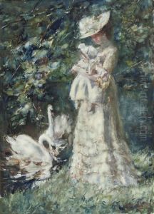 The Artist's Wife Tjieke And Their Daughter Albertine In The Garden: Feeding The Swans by Albert Roelofs