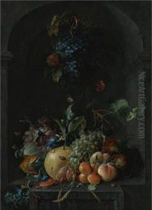 Still Life Of Grapes, Melons, Peaches, Plums And Other Fruit With Morning Glory And Shafts Of Wheat In A Stone Niche, With A Bunch Of Grapes And Medlars Hanging Above by Coenraet Roepel