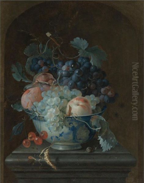 Still Life With Grapes, Cherries, Peaches And A Fig In A Porcelain Bowl Resting On A Ledge Before A Stone Niche - view 1