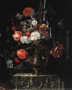 Roses, Carnations, Iris, Morning Glory And Other Flowers In A Giltbowl On A Sculpted Ledge by Coenraet Roepel