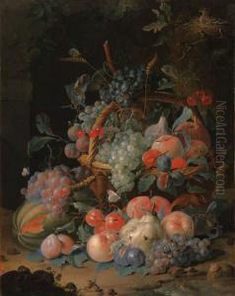 Grapes, Cherries, Plums, Raspberries, Tangerines, Apples, Oranges,peaches, Pears, Apricots And Ears Of Corn In A Basket, With A Melonand Other Fruit, Two Birds In A Nest, A Snail, A Fly, A Toad,butterflies, A Caterpillar And Other Insects In An Alcove - view 1