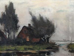 Landskap Med Hus Vid Vatten by Gerardus Johannes Roermeester