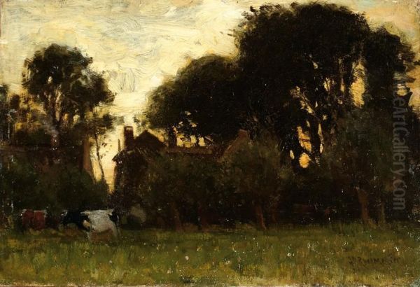 Cows In A Meadow With A Farm In The Background - view 1