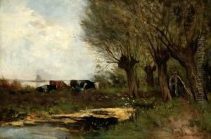 A Farmer Milking A Cow By A Ditch