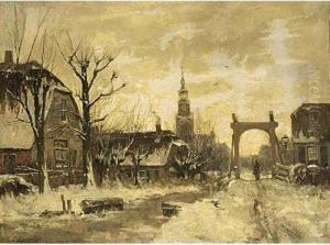 View Of Nieuwkoop In Winter; Together With A Work By Anne Franciscus Hartman by Gerardus Johannes Roermeester