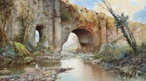 A River Running Under An Aquaduct On The Roman Campagna by Ettore Roesler Franz