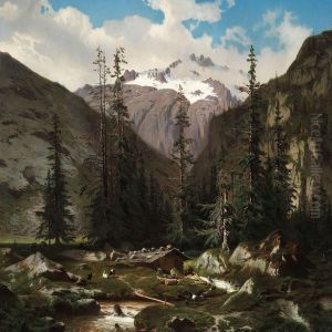 Mountain Landscape With Goats Near A River