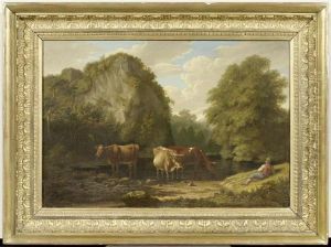 River Landscape With Cows And A Herd. by Phillip Hutchins Rogers