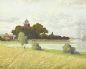 Norddeutsche Seelandschaft Mit Blick Auf Eine Ortschaft by Emy Rogge