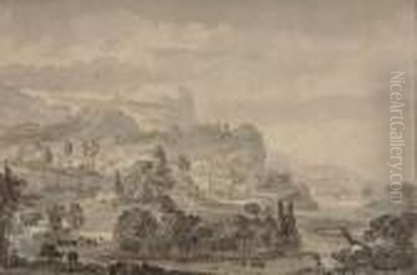 Bergige Landschaft Mit Einem Fluss Und Reisenden. - view 1