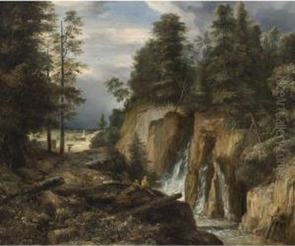 Rocky Landscape With A Waterfall And Two Figures Resting - view 1