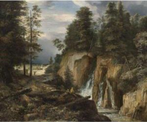 Rocky Landscape With A Waterfall And Two Figures Resting by Roelandt Roghmann