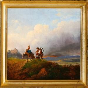 Italian Mountainlandscape With A Woman On A Donkey