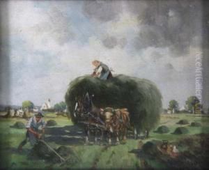 Felderlandschaft Mit Fuhrwerk Und Bauern Bei Der Heuernte by Karl Rohrhirsch