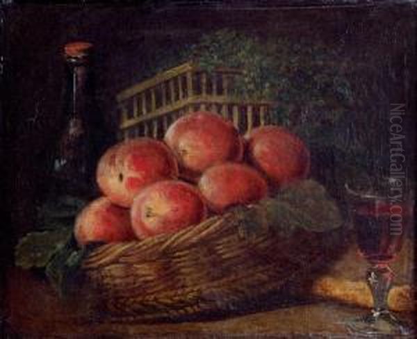 Nature Morte De Peches A La Bouteille Et Au Verre De Vin - view 1