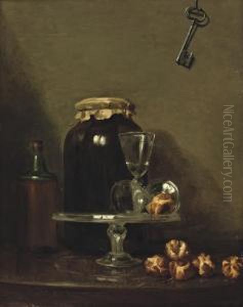 Two Wine Glasses On A Glass Dish, Rolls Of Bread, A Glass Vessel And A Bottle On A Stone Ledge, A Key Hanging From A Wall Above - view 1