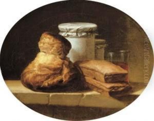 A Brioche, Two Pastries, Two Covered Jars And A Glass Of Red Wineon A Stone Ledge by Henri-Horace Roland de la Porte