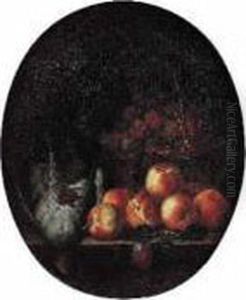Nature Morte Au Panier De Prunes, Peches Et Canard Sur Un Entablement