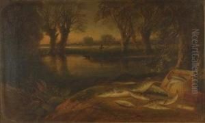 Still Life Of Fish And Creel On The Banks Of A River by H.L. Rolfe