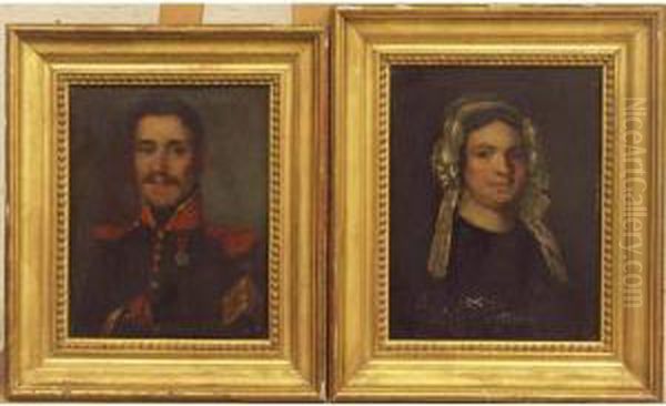 Portrait D'officier De La Legion D'honneur Et Femme Au Bonnet - view 1