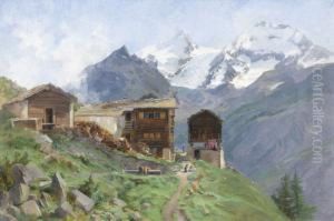 Walliser Dorfpartie Mit Alpenpanorama by Marie Rolle